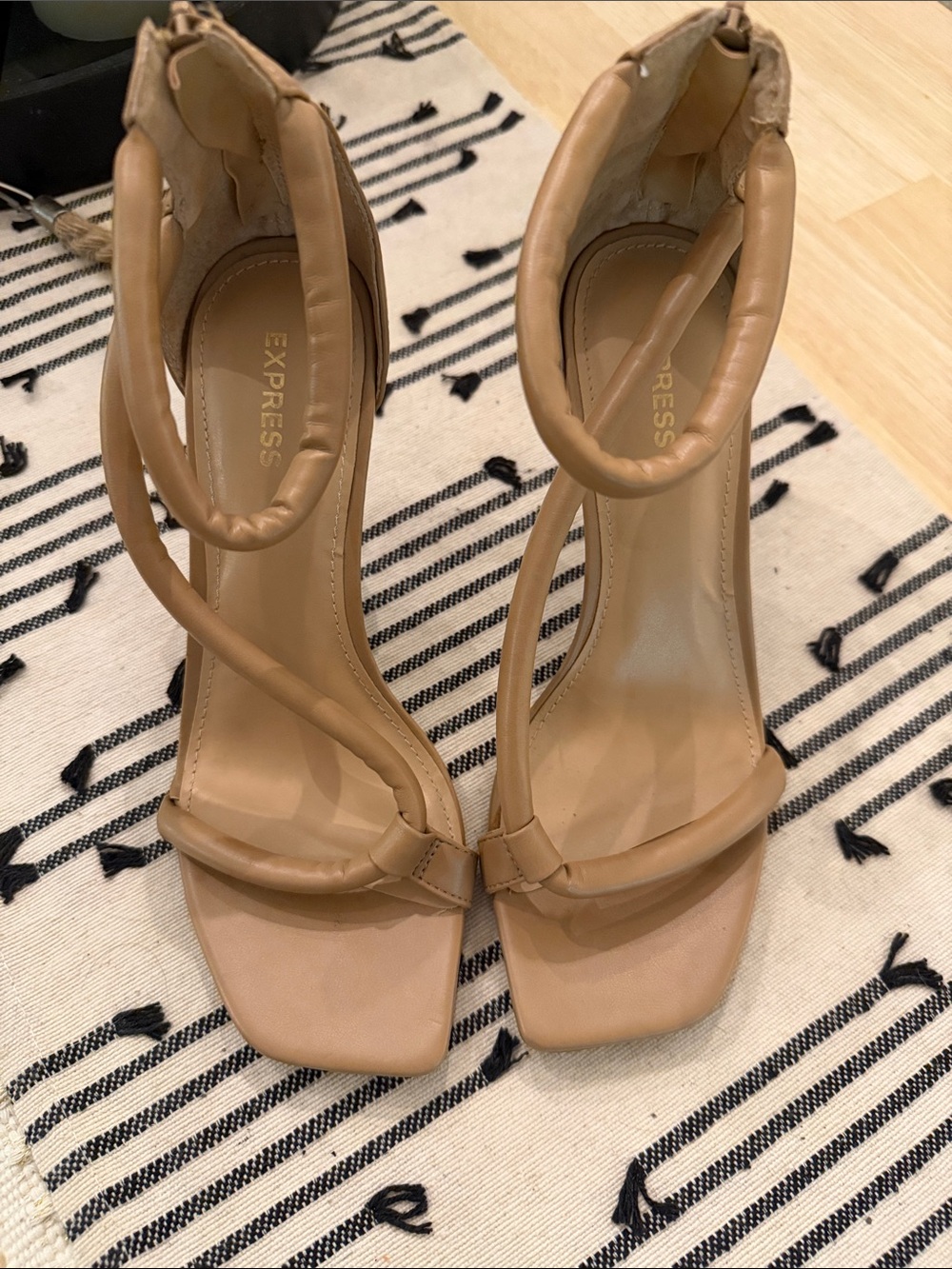 Express Nude Tan Strappy Square-Toe Heels with Ankle Wrap